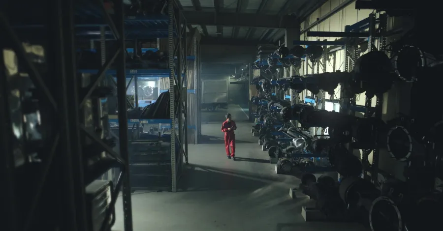 写真：トラックのパーツが整然と並べて置かれている倉庫の様子